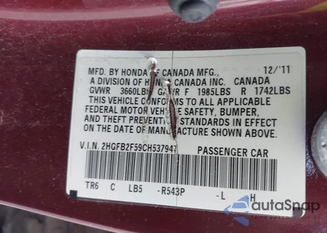 2012 Honda Civic Lx from USA, damaged, VIN 2HGFB2F59CH537941